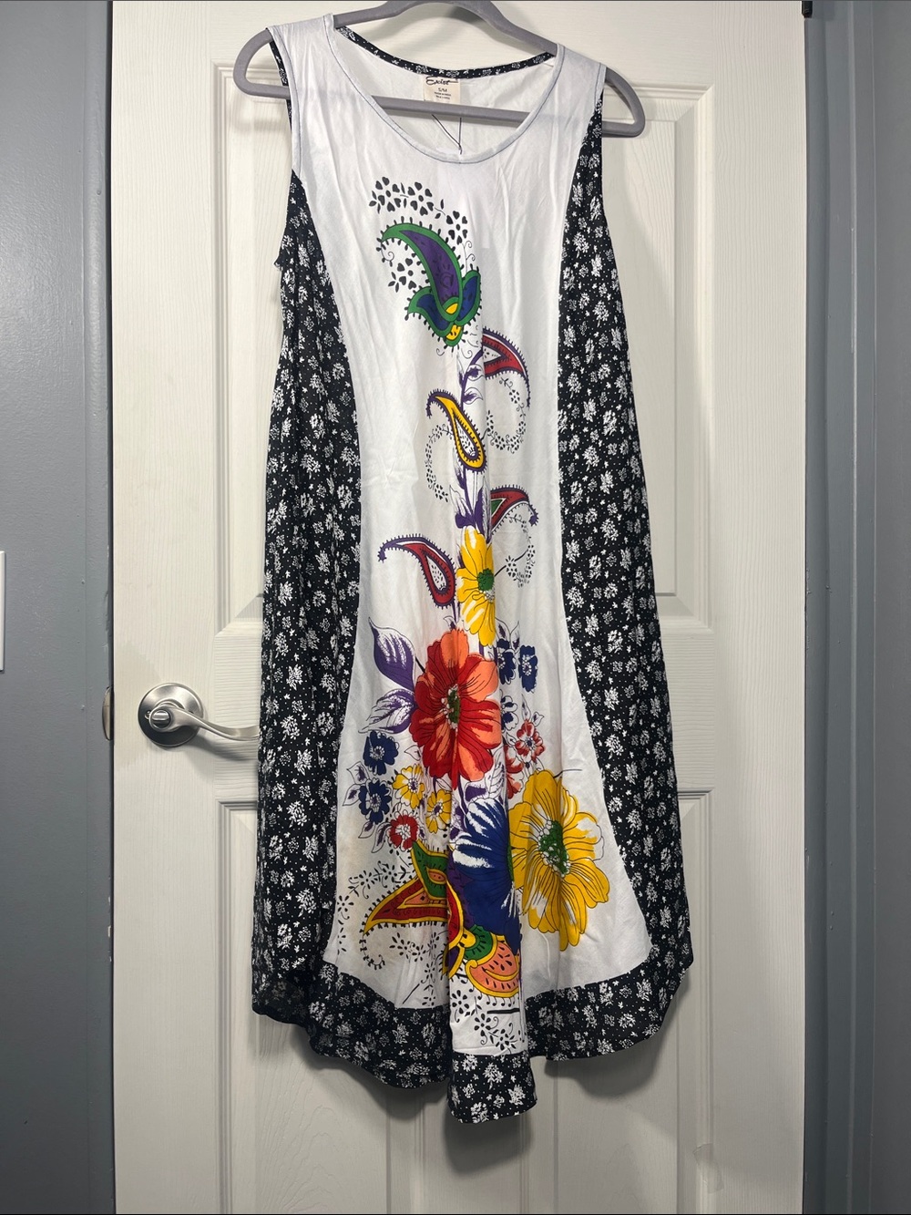 Exist White Midi Dress with Black Floral Side Panels and Multicolor Front Print